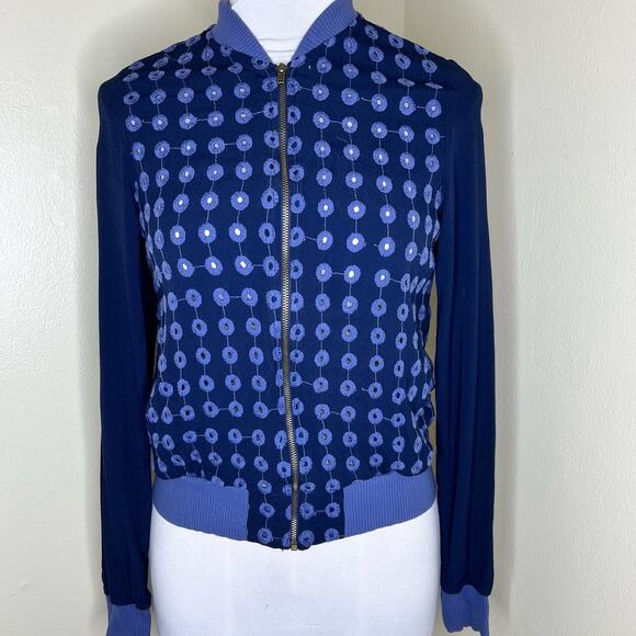 AMADI Bomber Jacket Small Redskin Blouson Eyelet Full Zip Embroidered Blue Crepe - Picture 2 of 12